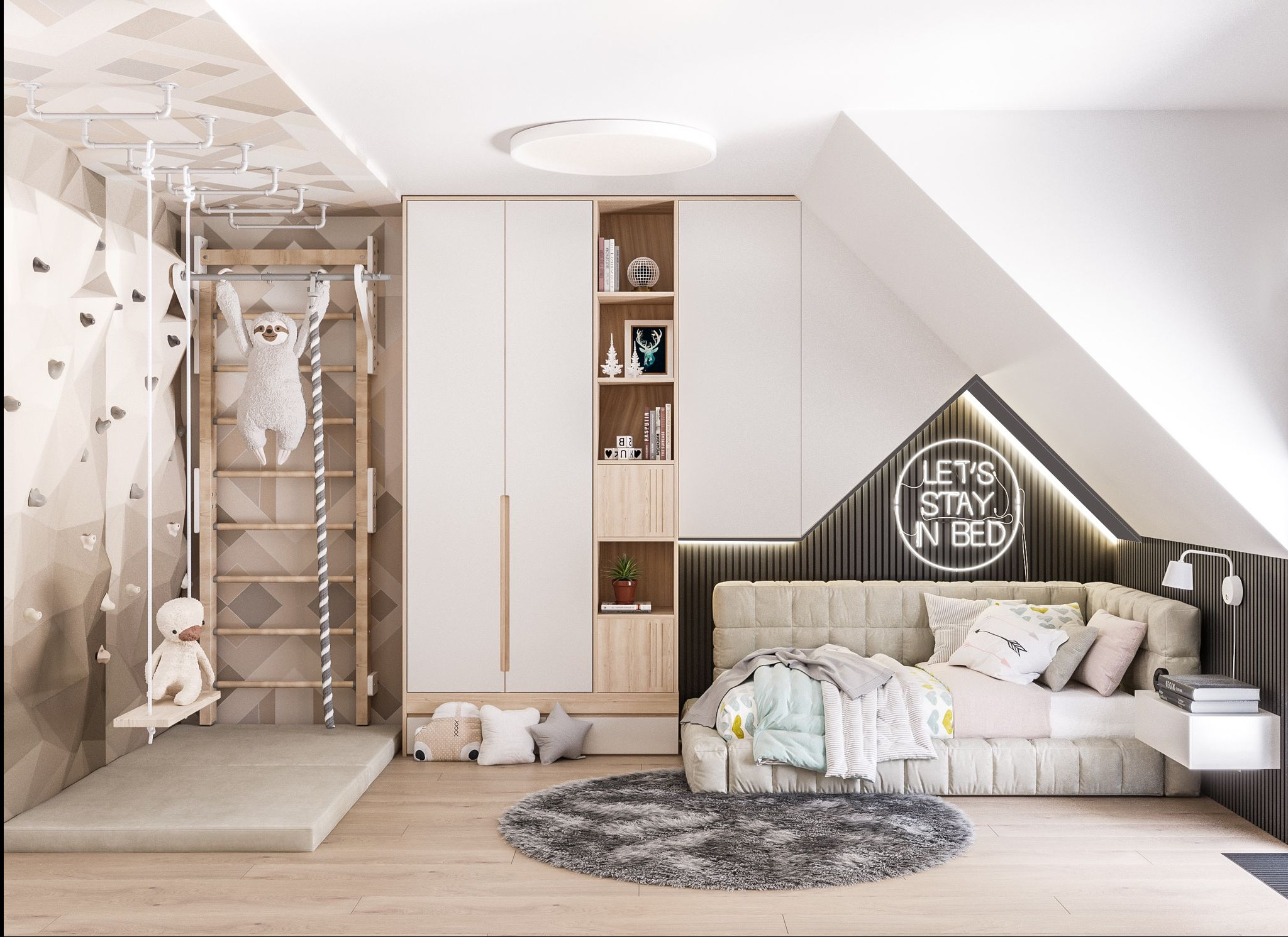 Pokój dziecięcy w skandynawskim stylu z łóżkiem, szafą, ścianką wspinaczkową, drabinką i huśtawką, oświetlony neonem 'Let's stay in bed'.