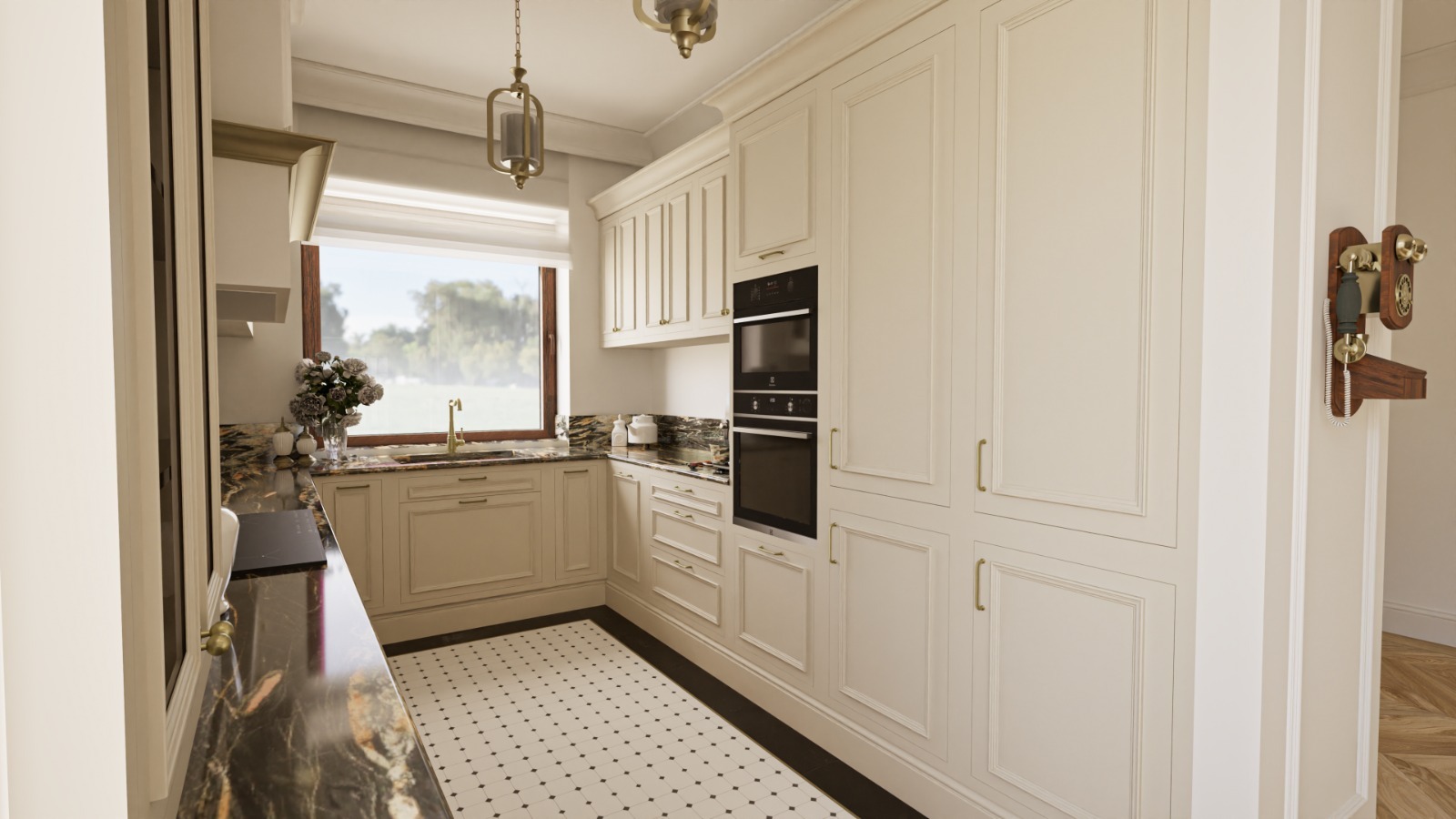 Jasna kuchnia w stylu klasycznym z marmurowym blatem, białymi szafkami i czarnym piekarnikiem oraz ozdobnym telefonem na ścianie.