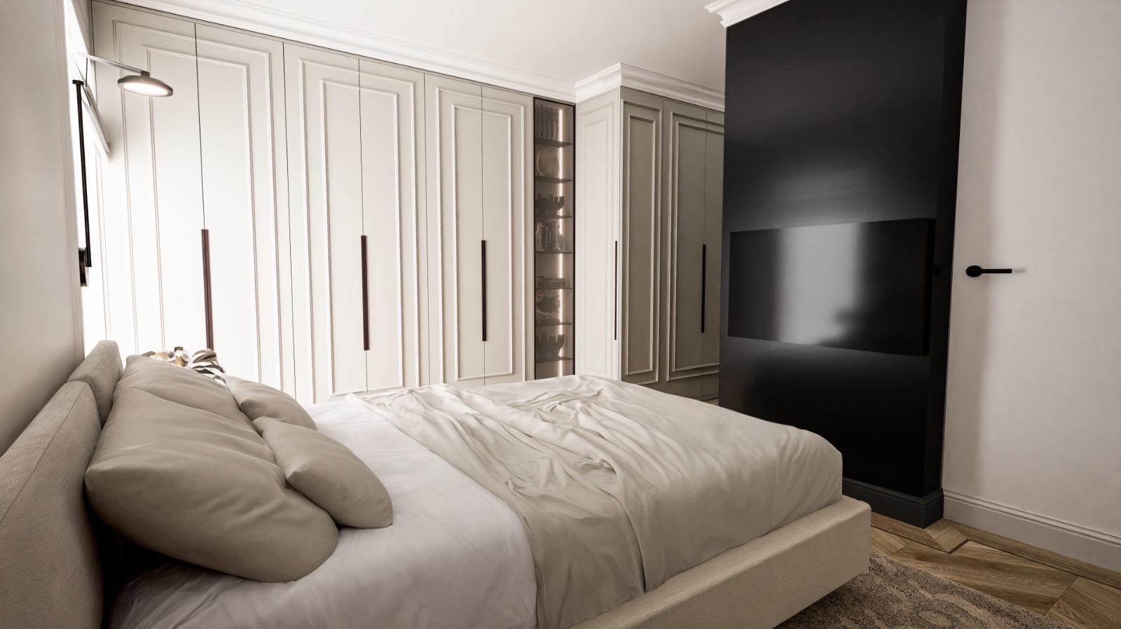 Elegancka sypialnia z dużym łóżkiem i szafą w zabudowie. Kontrastowe połączenie bieli i czerni. Minimalistyczny design z elementami dekoracyjnymi. Oświetlenie punktowe.