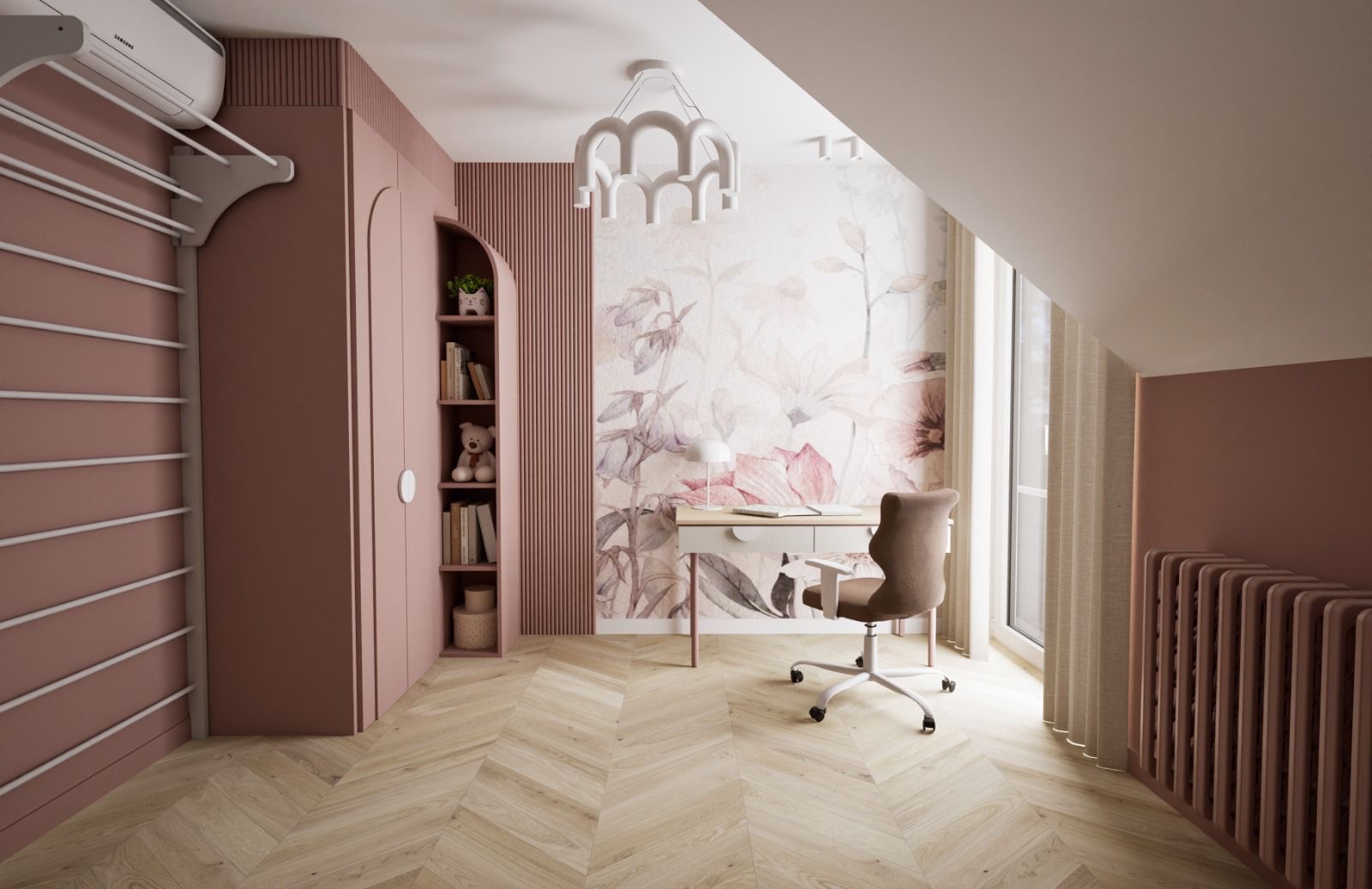 Pokój na poddaszu w odcieniach różu z biurkiem, krzesłem i regałem. Na ścianie tapeta w kwiaty, na podłodze parkiet w jodełkę. Widoczny grzejnik i klimatyzator.