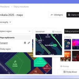 ESOVISCO SPÓŁKA Z OGRANICZONĄ ODPOWIEDZIALNOŚCIĄ - Interaktywna mapa wydarzenia Technokalia 2025 w edytorze online, z zaznaczonym transportem i strefami. Widoczne opcje edycji regionów i dodawania obszarów.