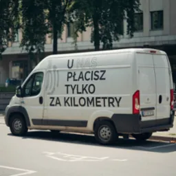 Biały bus dostawczy zaparkowany na ulicy z napisem 'U nas płacisz tylko za kilometry', widok z boku, budynek w tle.