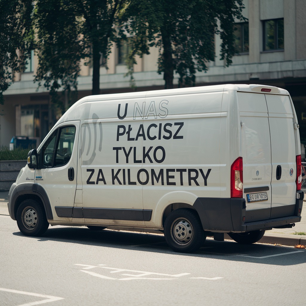 Biały bus dostawczy zaparkowany na ulicy z napisem 'U nas płacisz tylko za kilometry', widok z boku, budynek w tle.