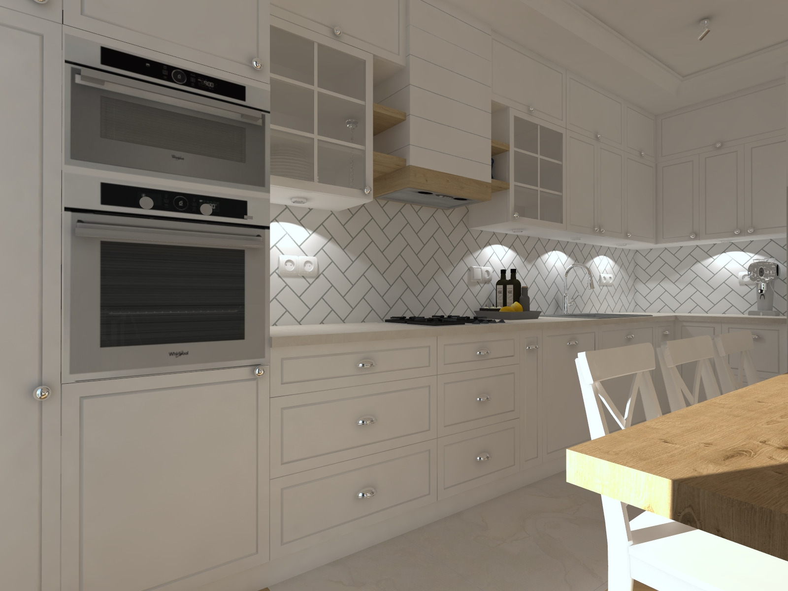 Jasna, klasyczna kuchnia z białymi frontami i drewnianym blatem stołu w Piasecznie, z widocznym piekarnikiem i płytą grzewczą oraz białymi płytkami ułożonymi w jodełkę na ścianie.