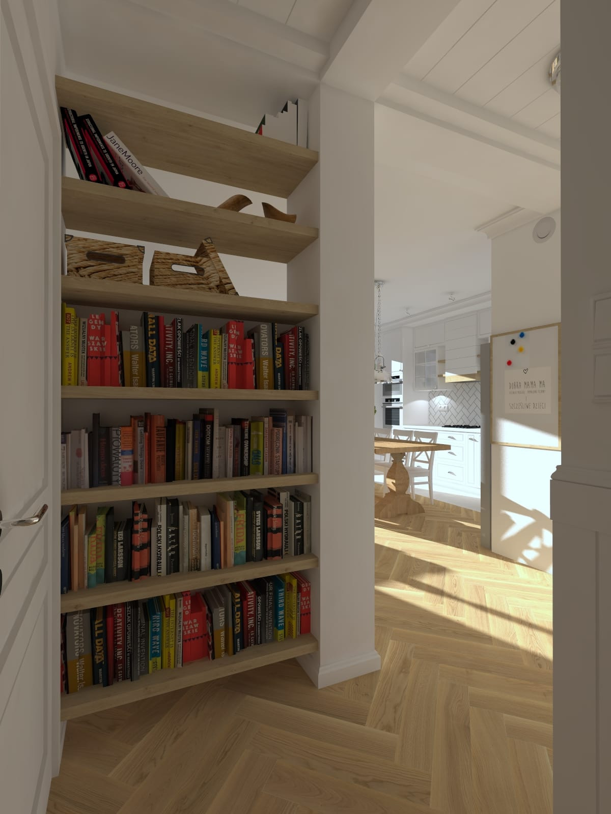 Wnętrze mieszkania z widokiem na kuchnię przez otwarte drzwi, po lewej stronie wbudowana, drewniana biblioteczka z książkami i wiklinowymi koszykami, parkiet w jodełkę na podłodze.