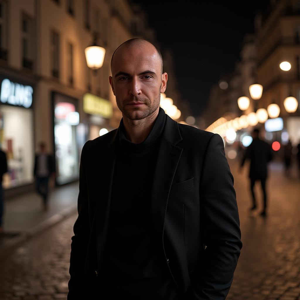 Mężczyzna w czarnym garniturze na oświetlonej ulicy miejskiej nocą.