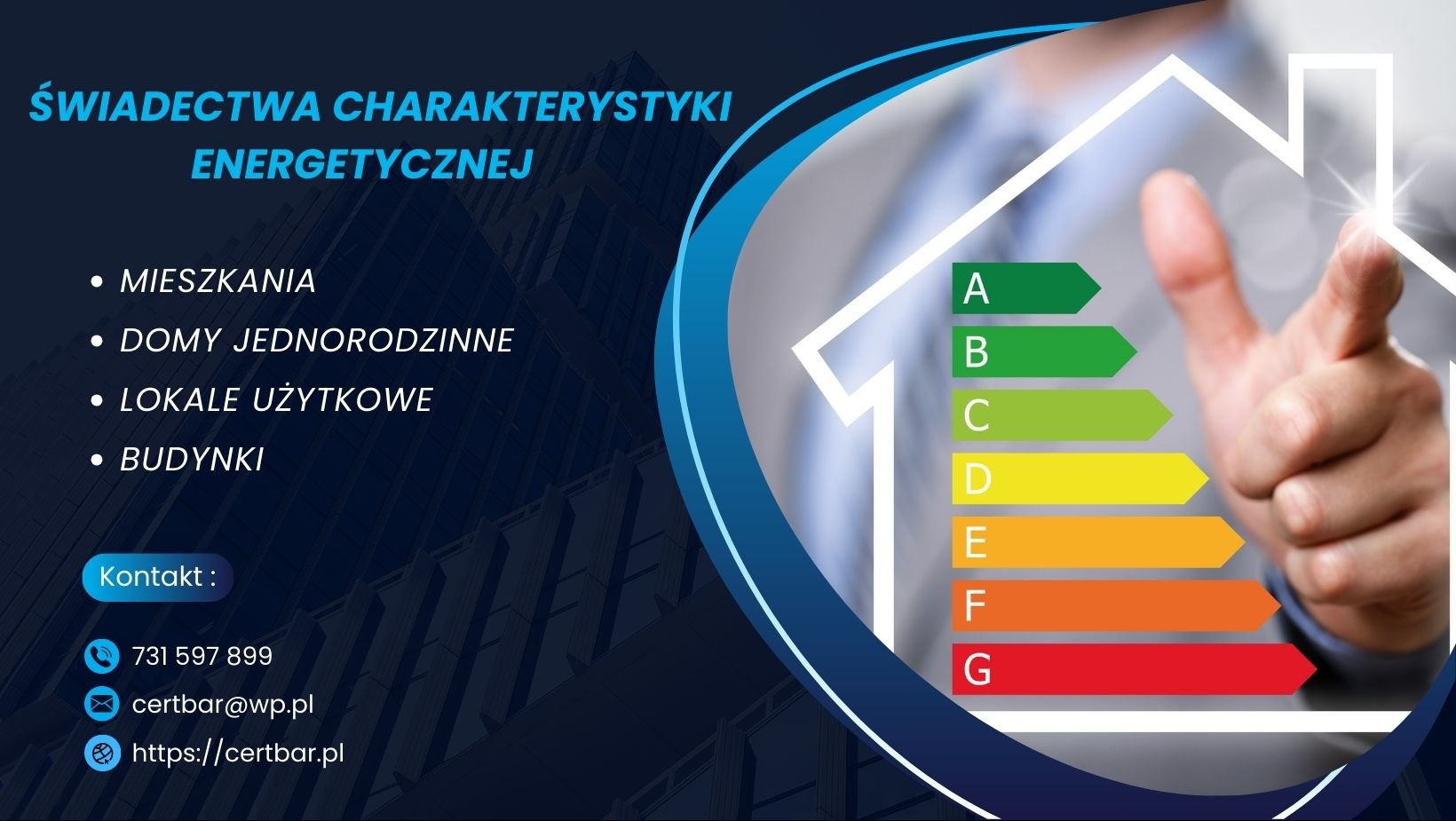 Grafika informacyjna z wykresem efektywności energetycznej budynku w kształcie domu, z zaznaczonymi klasami od A do G oraz listą budynków, dla których wykonywane są świadectwa. Widoczny palec...