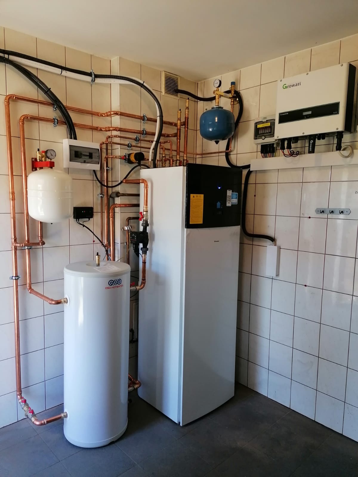 Instalacja z zasobnikiem ciepłej wody i pompą ciepła w kotłowni w Kobierzycach, widoczne miedziane rury i biała obudowa urządzeń na tle kafelkowanej ściany.