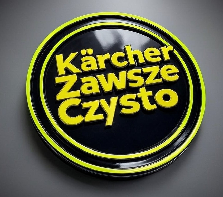 Okrągłe logo firmy sprzątającej Zawszeczysto.pl z żółtymi napisami Kärcher na czarnym tle, obwiedzione neonowo-zieloną obwódką.