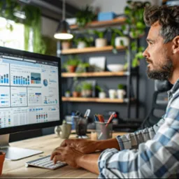 Mężczyzna w koszuli w kratę pracuje przy komputerze, na ekranie widoczne wykresy i statystyki, w tle półka z roślinami doniczkowymi.