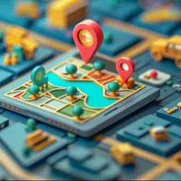 Stylizowana mapa cyfrowa z pinezkami lokalizacyjnymi i elementami 3D, prezentująca plan miasta z rzeką i budynkami.