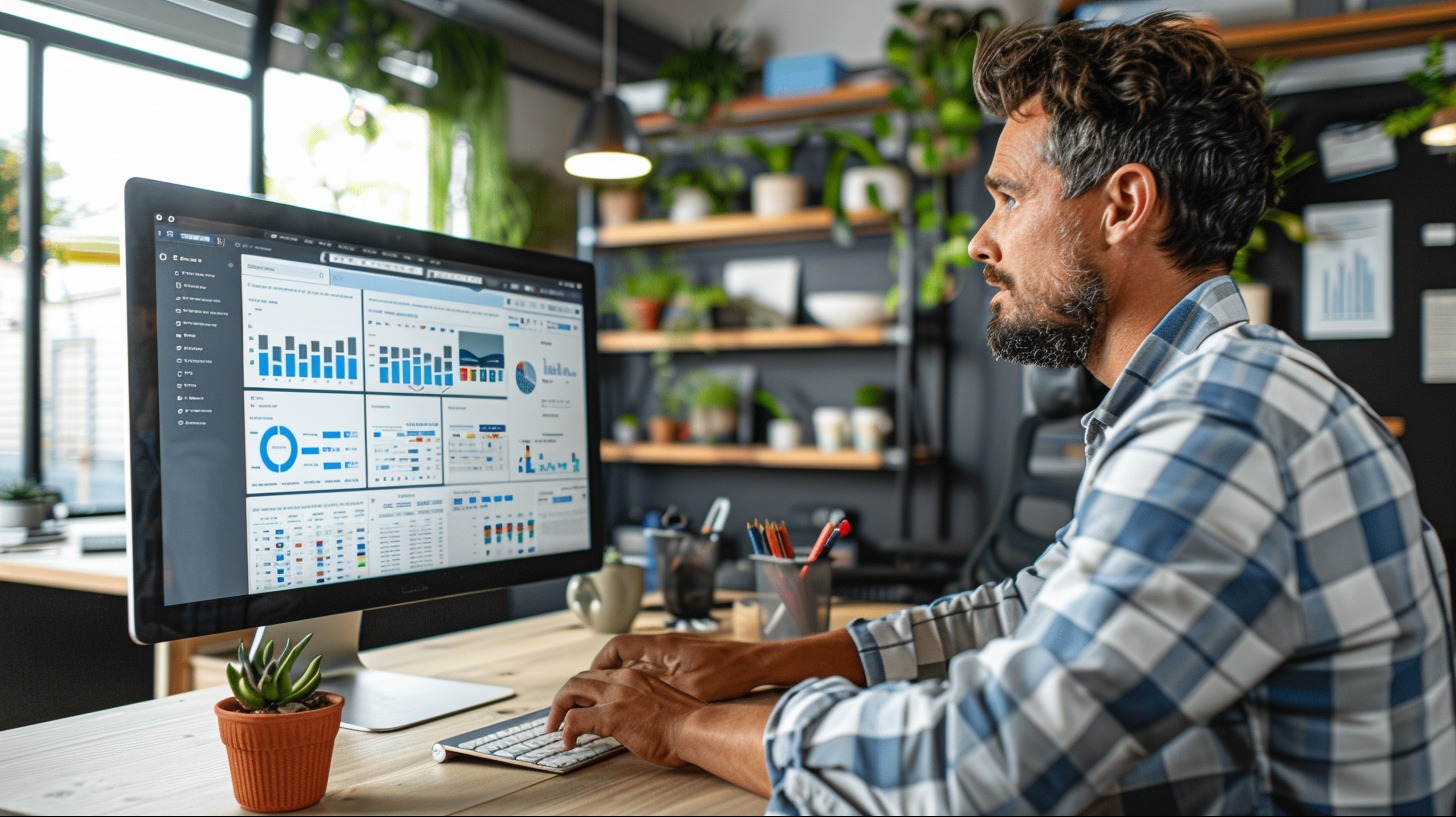 Mężczyzna w koszuli w kratę pracuje przy komputerze, na ekranie widoczne wykresy i statystyki, w tle półka z roślinami doniczkowymi.