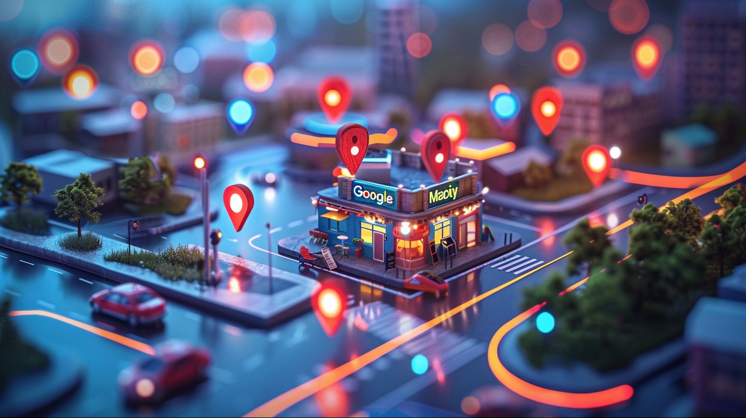 Stylizowana miniatura budynku z logo Google i Maciy, otoczona czerwonymi znacznikami lokalizacji na tle miasta i dróg z pomarańczowymi liniami nawigacyjnymi.