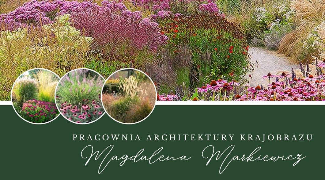 Kwitnący ogród z ścieżką z jasnego żwiru, prezentujący różnorodność traw ozdobnych i bylin, z logo firmy na pierwszym planie.