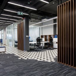 PISAREK MARCIN PRZEDSIĘBIORSTWO USŁUGOWO HANDLOWE PLAST-BUD - Nowoczesne biuro z wykładziną dywanową w odcieniach szarości, przechodzącą w geometryczny wzór płytek na podłodze, drewniane lamele działowe, szklane ścianki oddzielające przestrzenie biurowe.