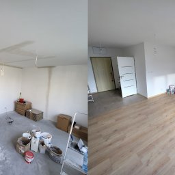 KB EFEKT Bartek Kartuszyński - Porównanie stanu pokoju przed i po: po lewej surowy beton i ślady po pracach, po prawej panele podłogowe, pomalowane ściany i zamontowane drzwi.