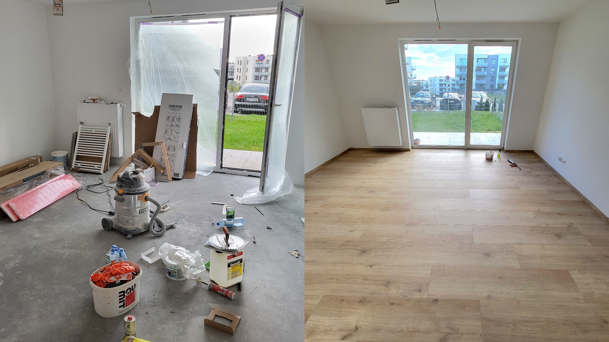 Porównanie stanu pokoju przed i po: surowy beton z narzędziami i odkurzaczem budowlanym kontra wykończona podłoga z paneli, widok na osiedle przez okno balkonowe.