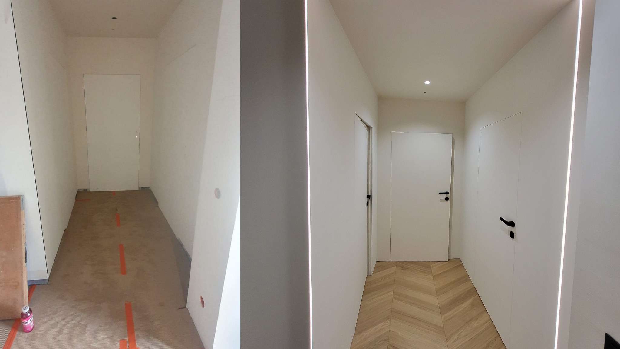 Porównanie stanu korytarza przed i po pracach w Dziemianach: od surowych ścian i przygotowania podłoża, do wykończonego wnętrza z gładkimi ścianami, zamontowanymi drzwiami i parkietem ułożonym...