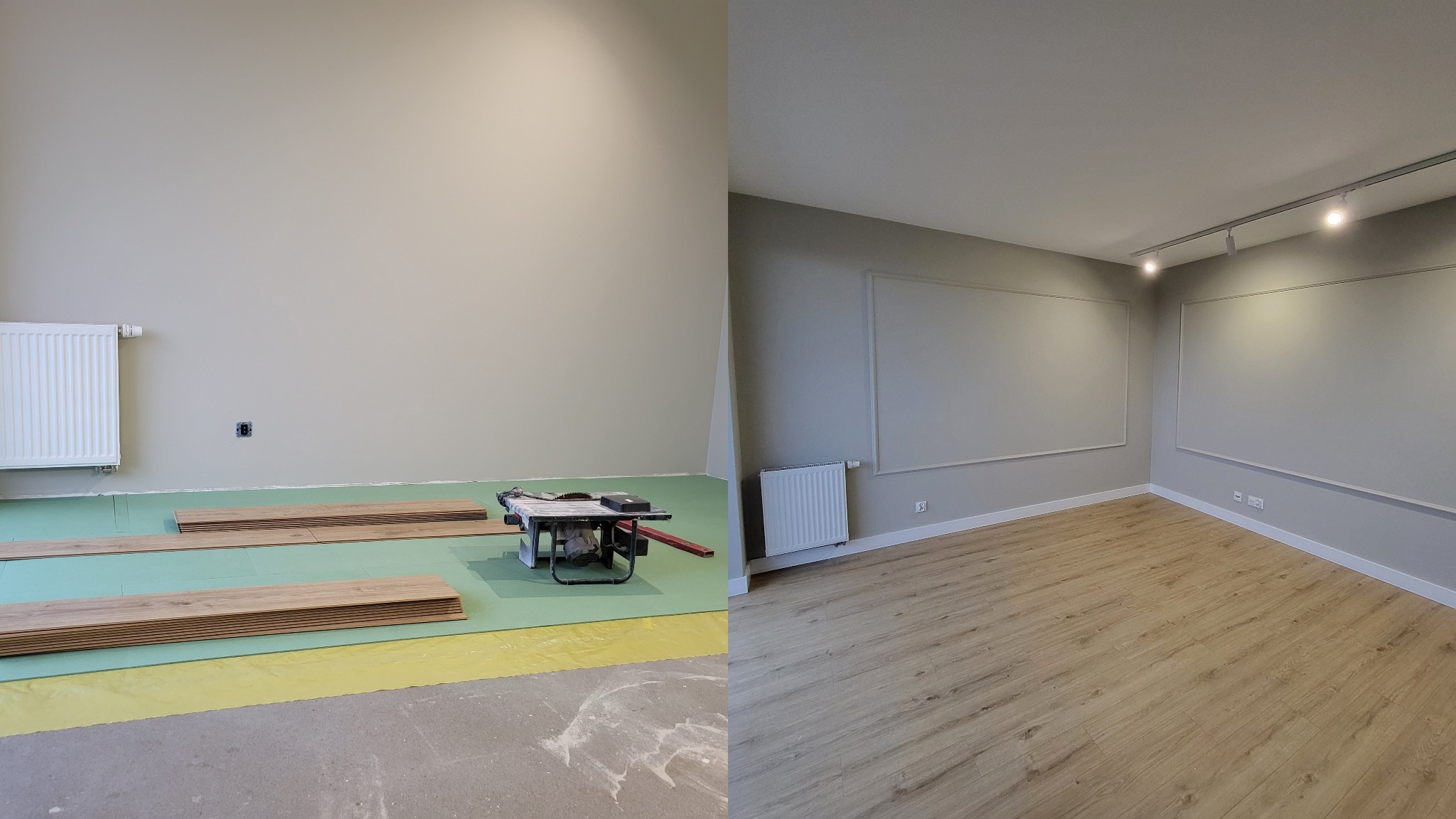 Porównanie stanu pokoju przed i po ułożeniu paneli: widoczne narzędzia, panele przygotowane do montażu oraz wykończone wnętrze z nową podłogą i listwami przypodłogowymi.