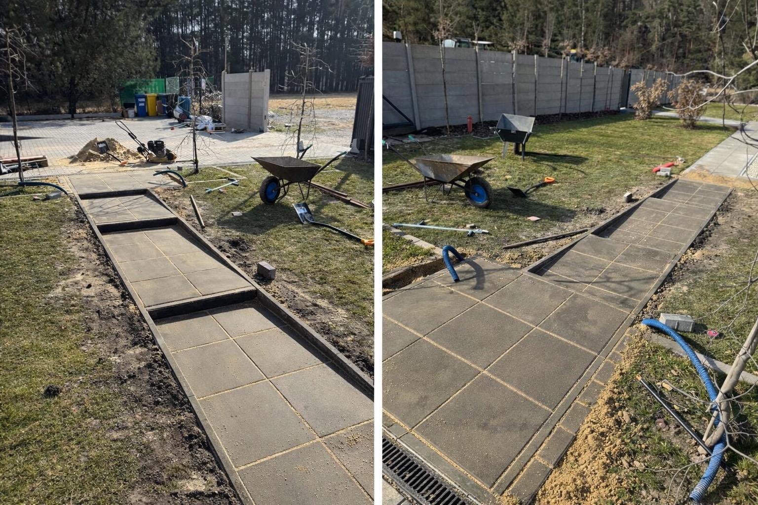 Fragment ścieżki z szarej kostki brukowej w trakcie realizacji, widoczne krawężniki i piasek, taczka i narzędzia w tle, ogrodzenie betonowe.