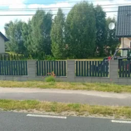 Nowoczesne ogrodzenie z szarych, betonowych słupków i czarnych, pionowych paneli na tle dwóch domów i zieleni, widziane z perspektywy ulicy.