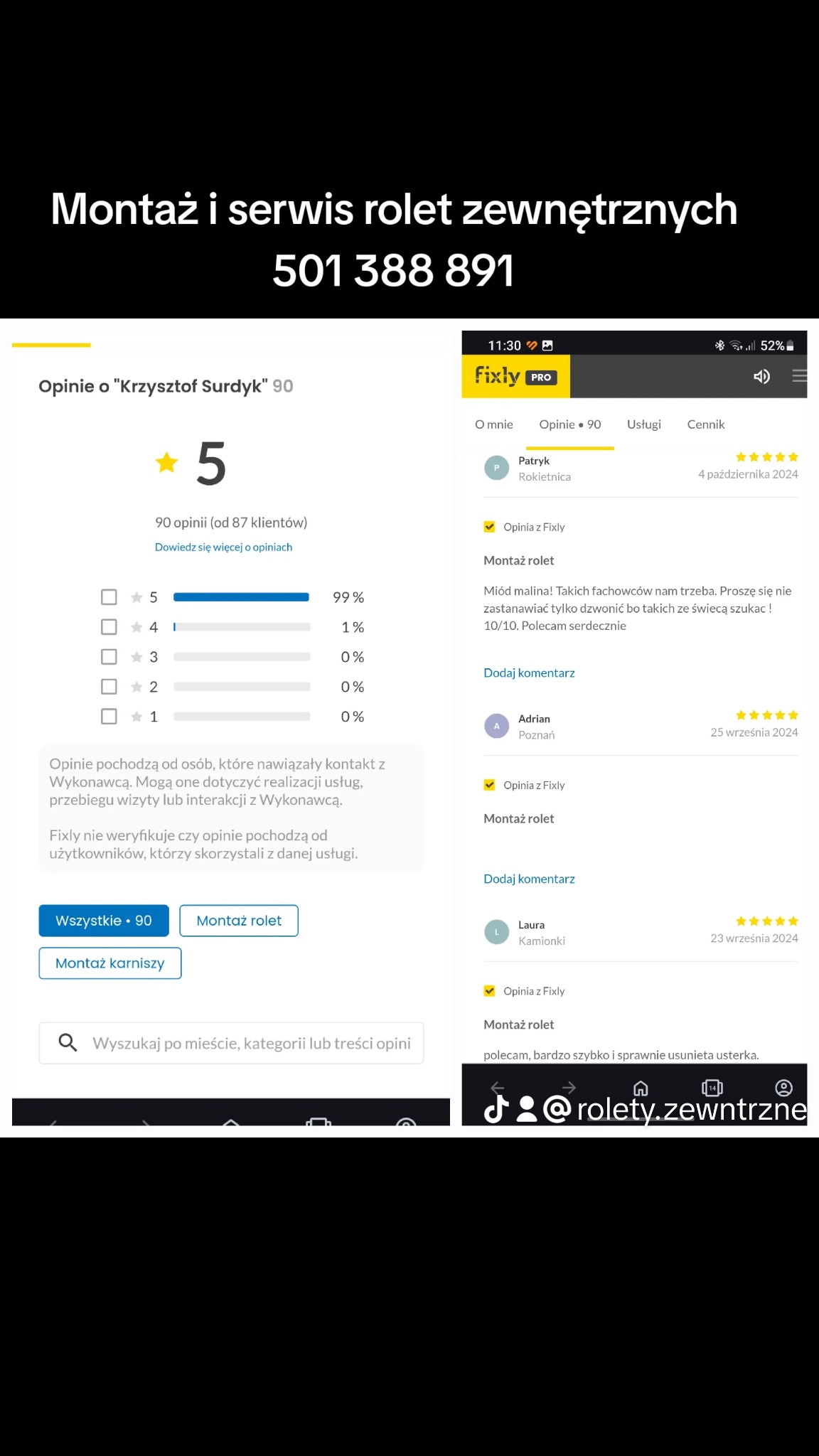Zrzut ekranu aplikacji Fixly z opiniami klientów na temat montażu i serwisu rolet zewnętrznych, z oceną 5 gwiazdek i pozytywnymi komentarzami użytkowników.