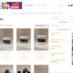 INFINIX SOLUTIONS - Widok strony internetowej sklepu z kosmetykami, prezentujący ofertę żeli akrylowych do paznokci marki Beauty Nails, z opcjami dodania do koszyka i różnymi pojemnościami.