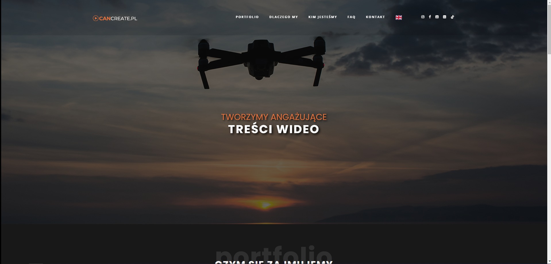 Strona internetowa cancreate.pl z dronem na tle zachodzącego słońca nad morzem i napisem 'Tworzymy angażujące treści wideo'.