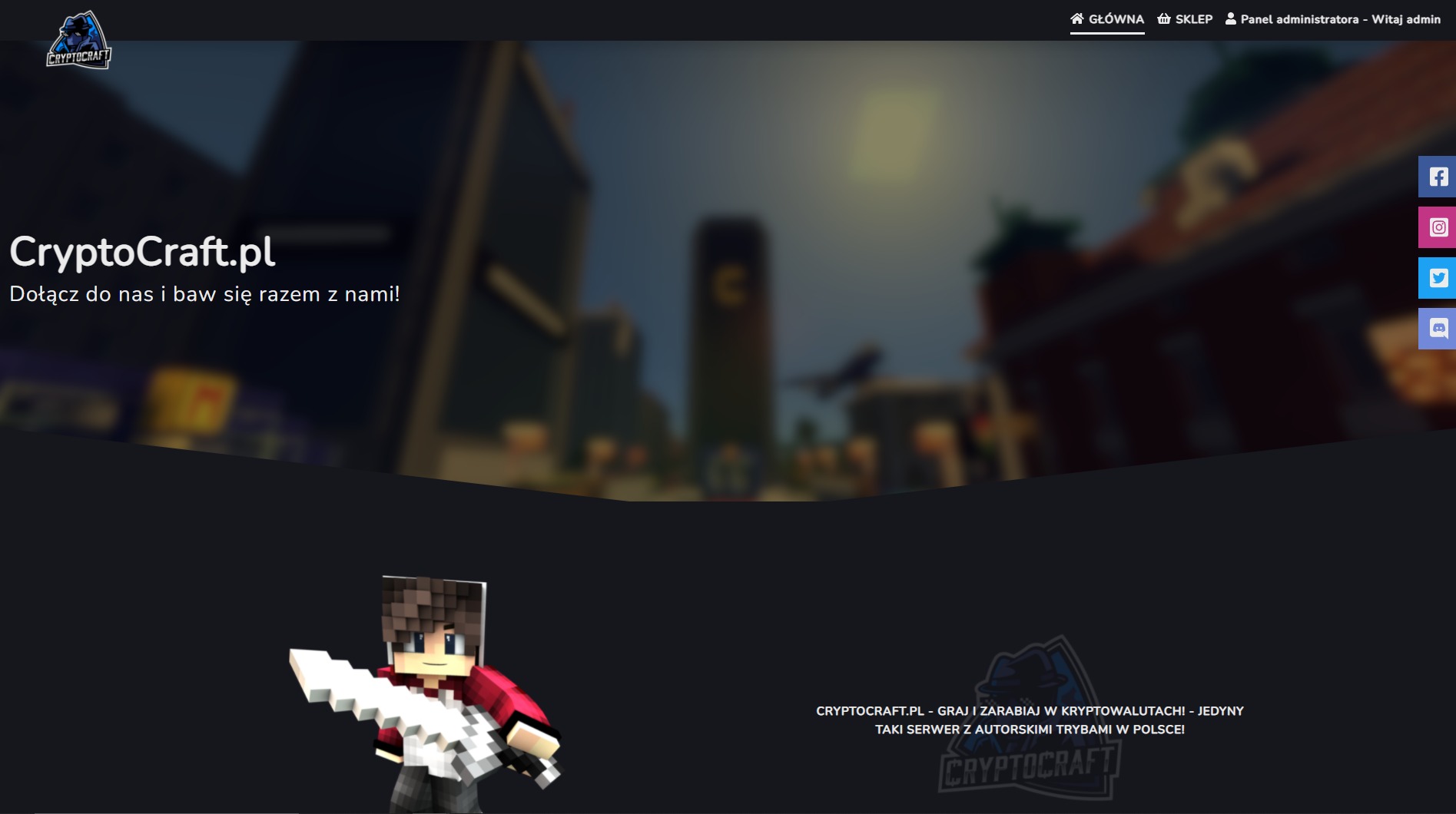Strona internetowa serwera Minecraft o nazwie CryptoCraft.pl z pikselową postacią trzymającą miecz na tle miejskiego krajobrazu.