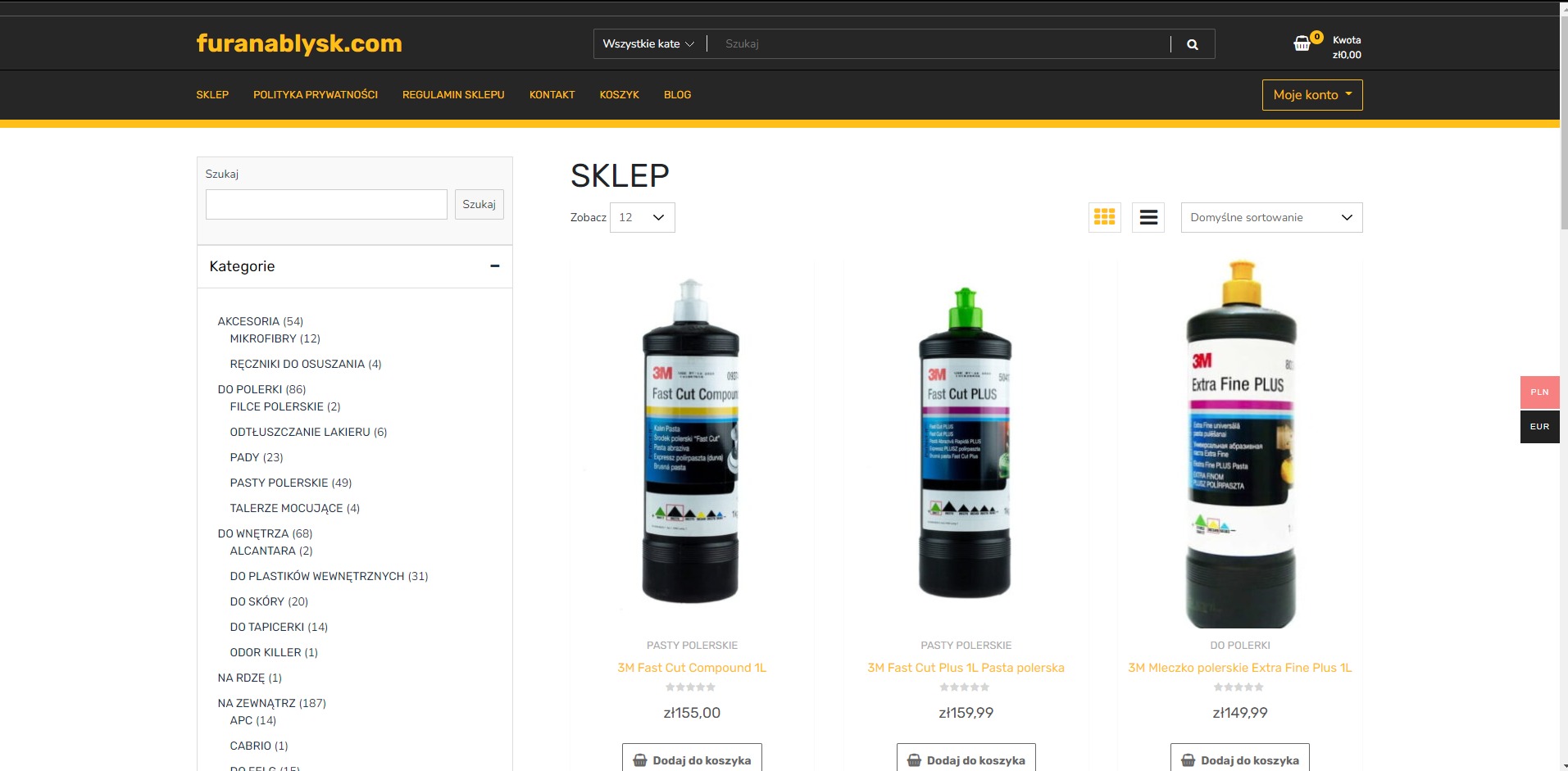 Sklep internetowy furanablysk.com z pastami polerskimi 3M Fast Cut Compound, Fast Cut Plus i Mleczko polerskie Extra Fine Plus na białym tle.