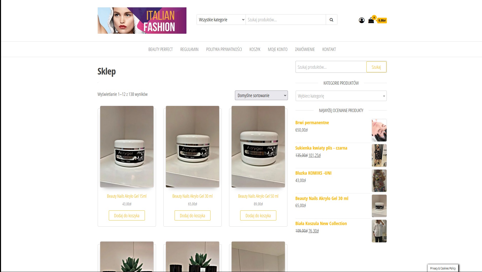 Widok strony internetowej sklepu z kosmetykami, prezentujący ofertę żeli akrylowych do paznokci marki Beauty Nails, z opcjami dodania do koszyka i różnymi pojemnościami.