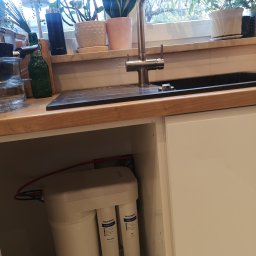 Piotr Szczepanek - Kran kuchenny z filtrem wody Aquaphor widocznym w szafce pod zlewem, na blacie doniczki z roślinami.