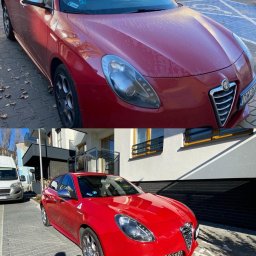 TapiCleaner - Porównanie: czerwona Alfa Romeo Giuletta przed i po umyciu, widoczne różnice w czystości lakieru i szyb.