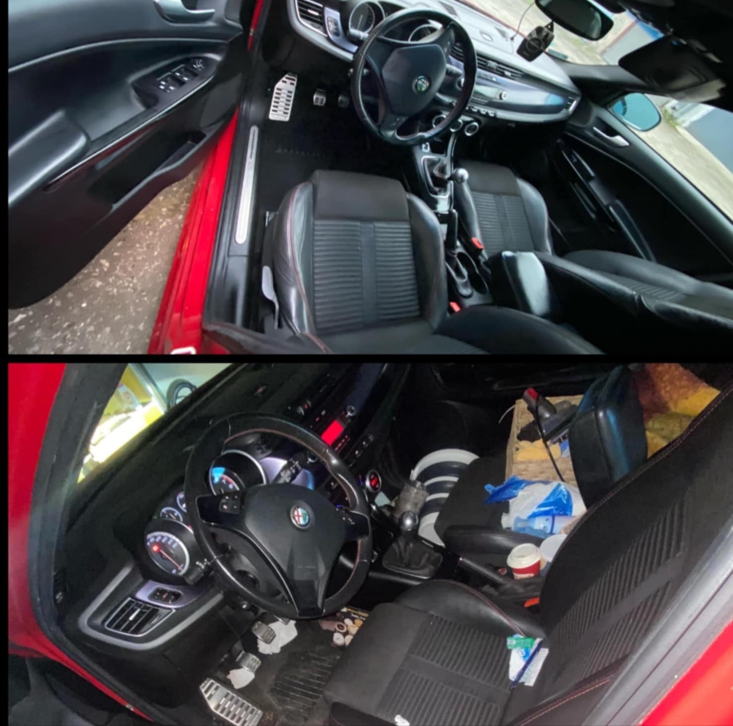 Dwa ujęcia wnętrza czerwonej Alfy Romeo Giuliettа: górne - czyste, dolne - z widocznym bałaganem na siedzeniu pasażera (pudełka, butelki, kubek po kawie)