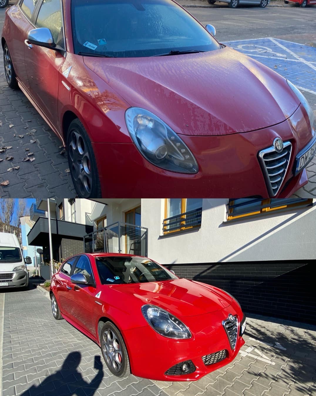 Porównanie: czerwona Alfa Romeo Giuletta przed i po umyciu, widoczne różnice w czystości lakieru i szyb.