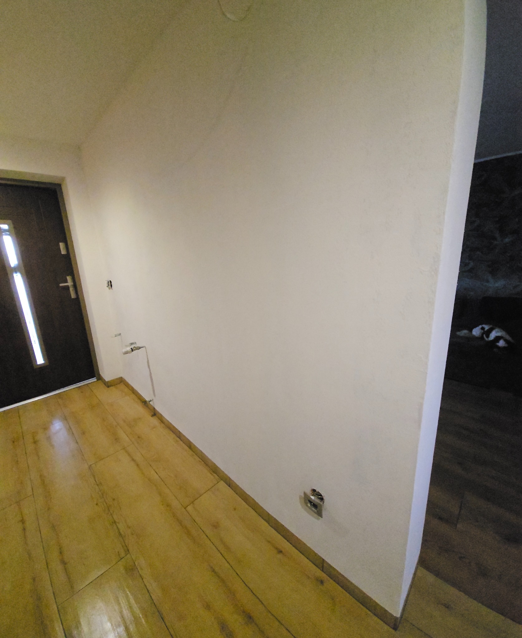 Jasne panele podłogowe w korytarzu, świeżo pomalowana ściana z widocznymi gniazdkami elektrycznymi i fragmentem instalacji. Ciemne drzwi wejściowe po lewej.