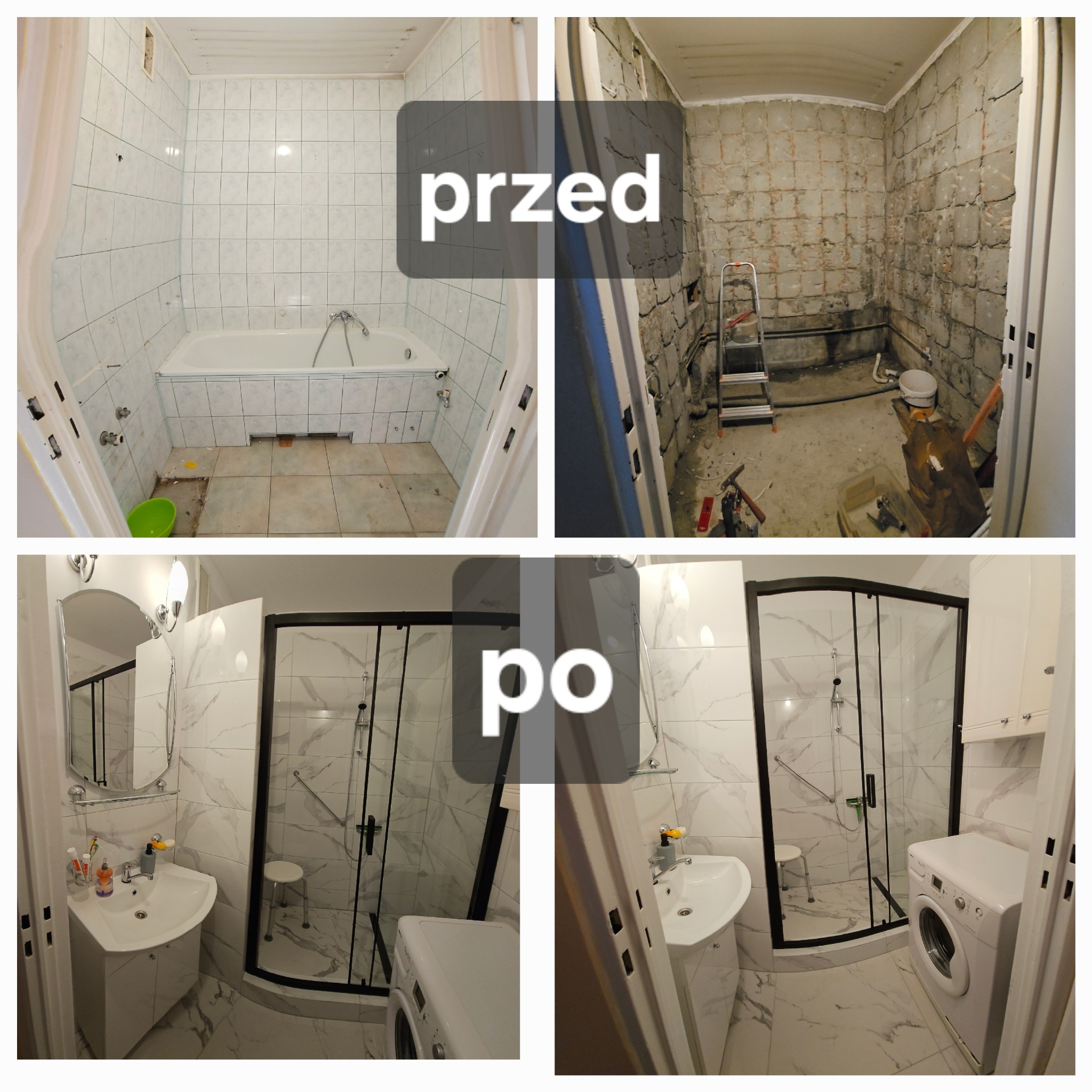 Remont łazienki: kolaż 'przed i po' z widoczną wanną, zdemontowanymi płytkami i nową kabiną prysznicową, umywalką oraz pralką. Marmurowe płytki na ścianach i podłodze.