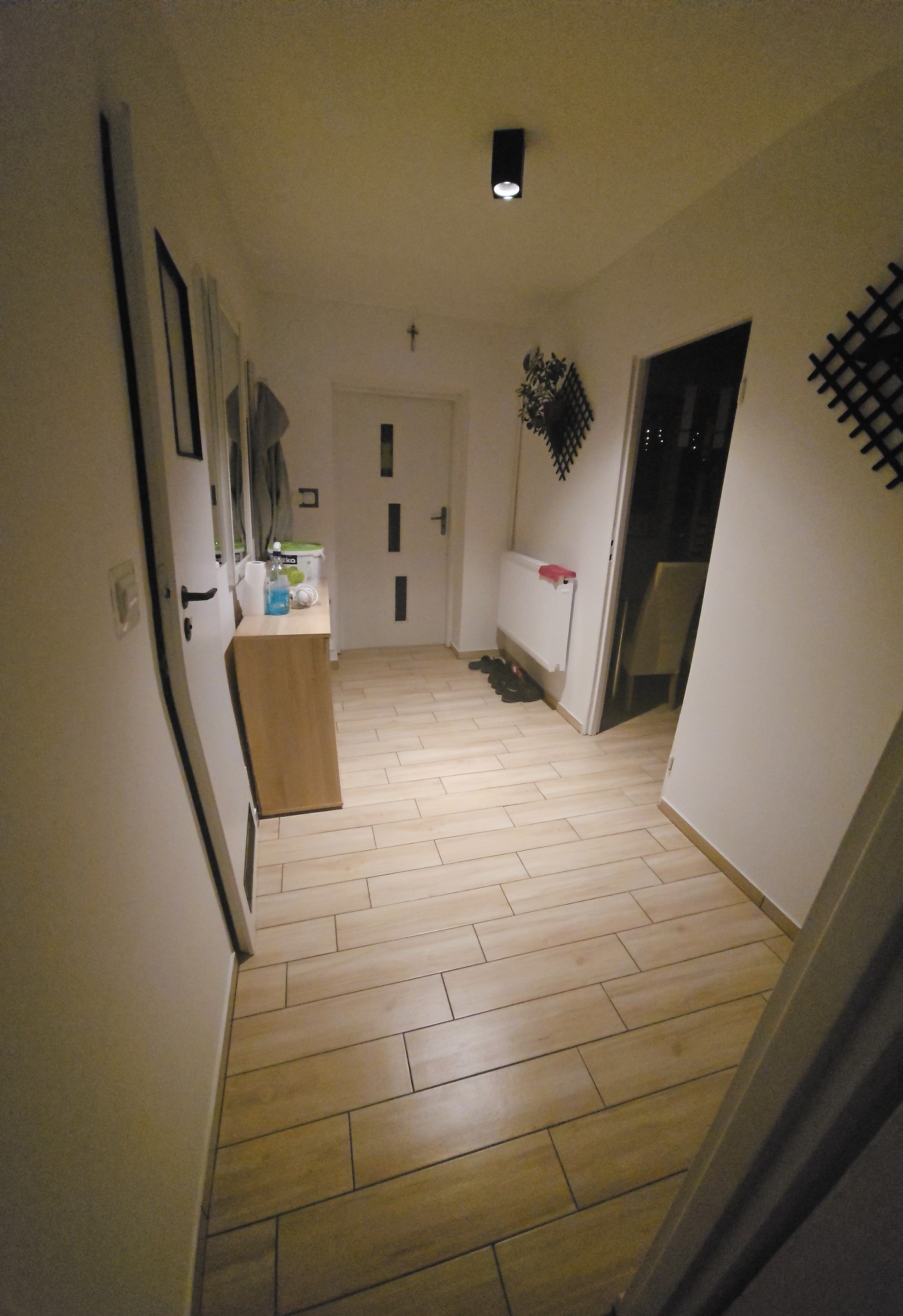 Jasny korytarz z drewnopodobną podłogą, białe ściany i drzwi. Widoczna szafka, dekoracje ścienne i oświetlenie sufitowe. Perspektywa z głębi pomieszczenia.