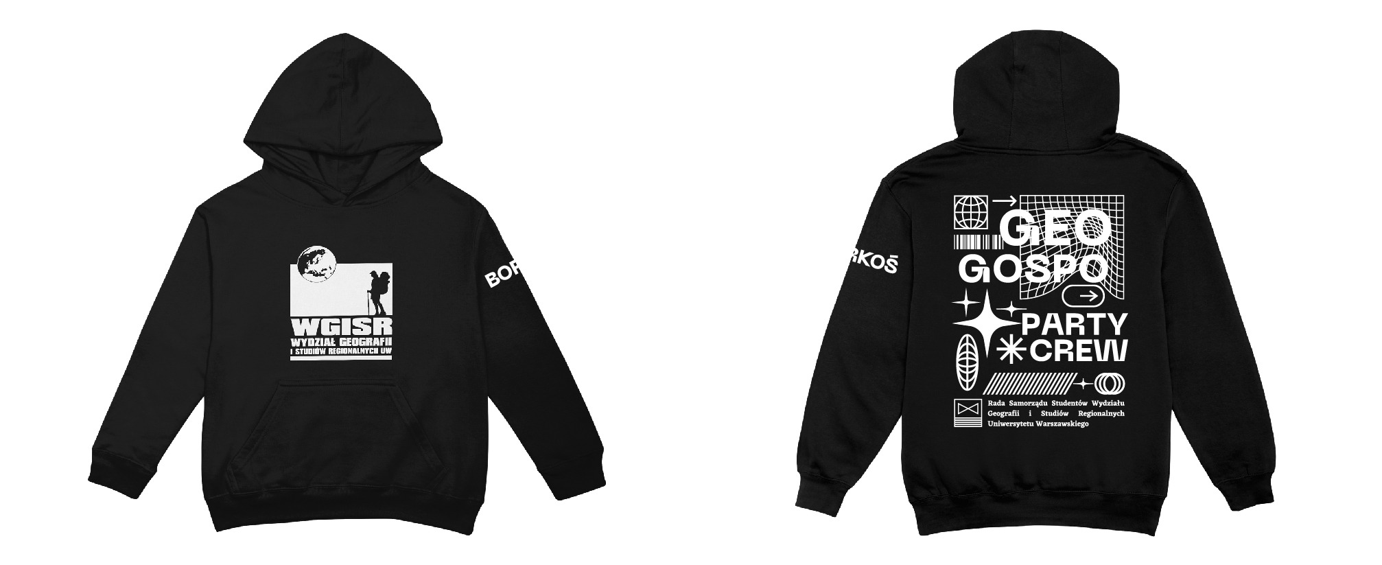 Czarna bluza z kapturem z nadrukiem logo i tekstu Wydziału Geografii i Studiów Regionalnych UW, widok z przodu i z tyłu.