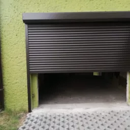 Brązowa brama garażowa rolowana, częściowo otwarta, na tle zielonej, chropowatej ściany budynku. Widoczne betonowe ażurowe płyty przed wjazdem i rynna spustowa po lewej stronie.