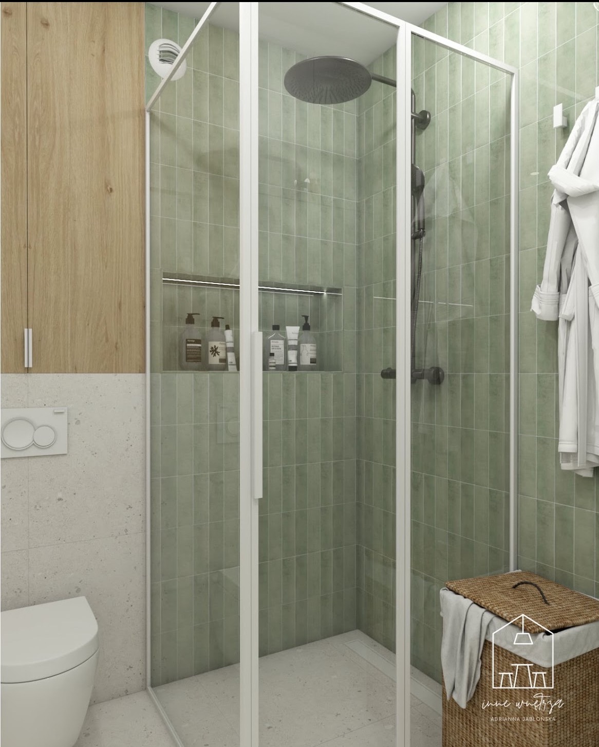 Nowoczesna łazienka z kabiną prysznicową typu walk-in, wyłożona pionowymi, oliwkowymi płytkami, z wiszącą toaletą i drewnianą szafką. W kabinie widoczna półka z kosmetykami i deszczownica.