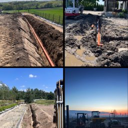 GreenEM Michał Flekiej - Kompilacja zdjęć z wykopów pod instalacje: rury w ziemi, mini koparki w akcji, teren przygotowany pod budowę basenu o zmierzchu. Różne etapy prac ziemnych.