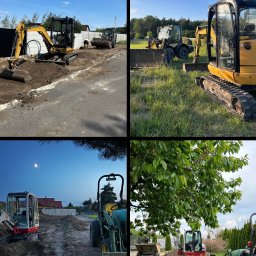 GreenEM Michał Flekiej - Kompilacja zdjęć z placu budowy: żółte koparki w akcji, prace ziemne na różnych etapach, krajobraz z maszynami budowlanymi w dzień i w nocy.