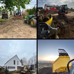 GreenEM Michał Flekiej - Kompozycja czterech ujęć z prac ziemnych: minikoparki, traktor, wywrotka, niwelacja terenu przy domu, zachód słońca. Różne etapy i sprzęt używany w robotach ziemnych.
