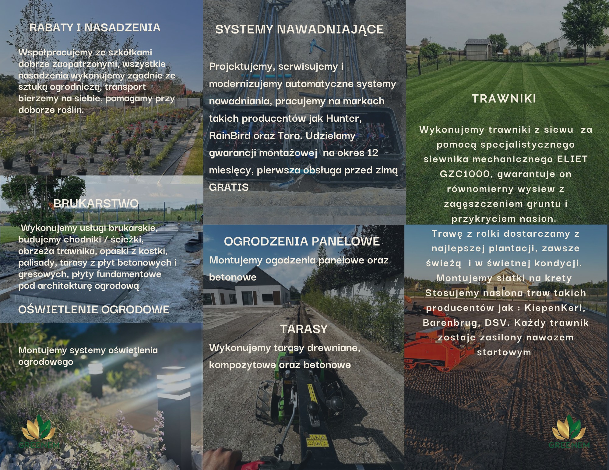 Przygotowanie gruntu pod trawnik w Mąkoszycach, widoczny specjalistyczny siewnik mechaniczny i nawieziona ziemia.