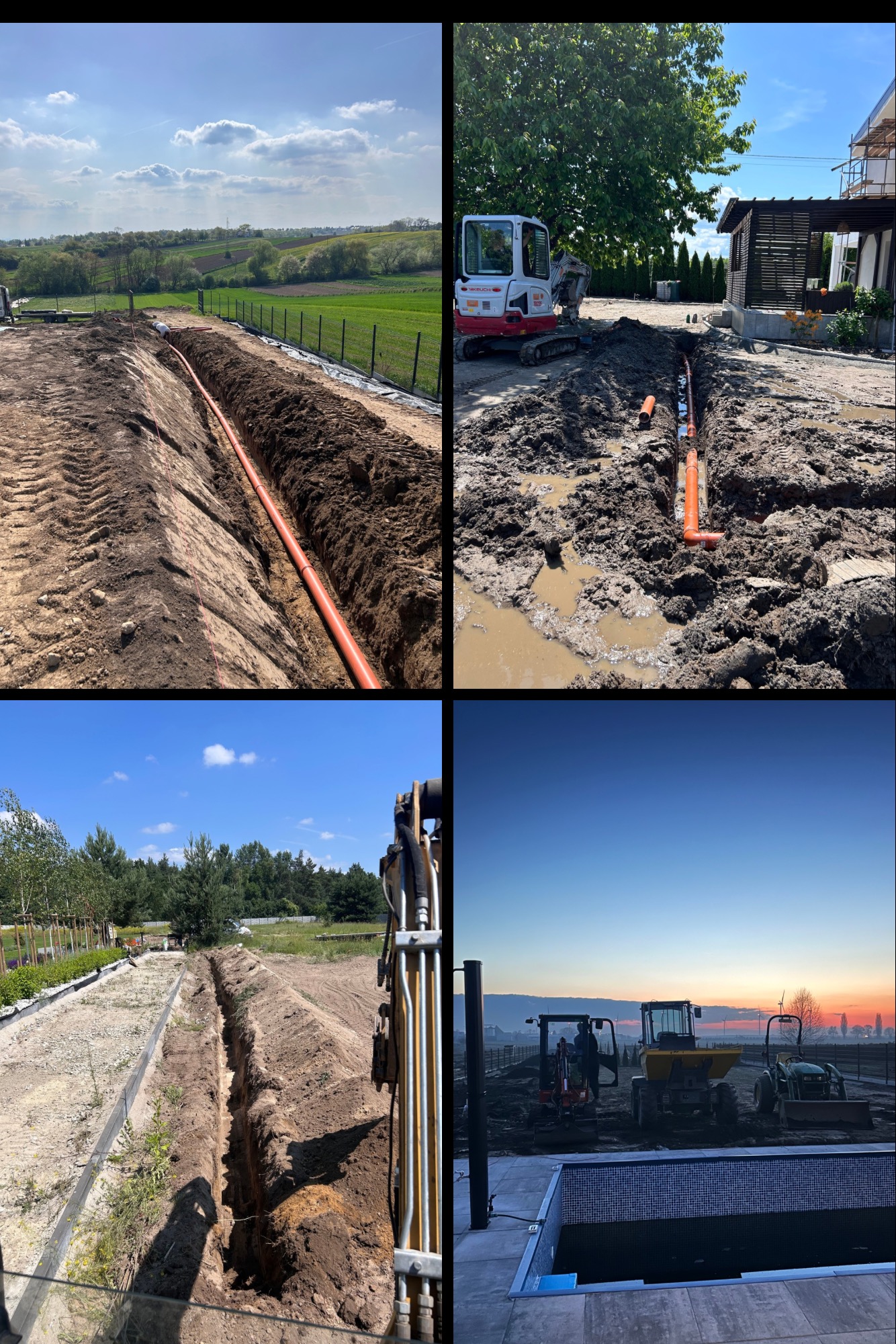 Kompilacja zdjęć z wykopów pod instalacje: rury w ziemi, mini koparki w akcji, teren przygotowany pod budowę basenu o zmierzchu. Różne etapy prac ziemnych.