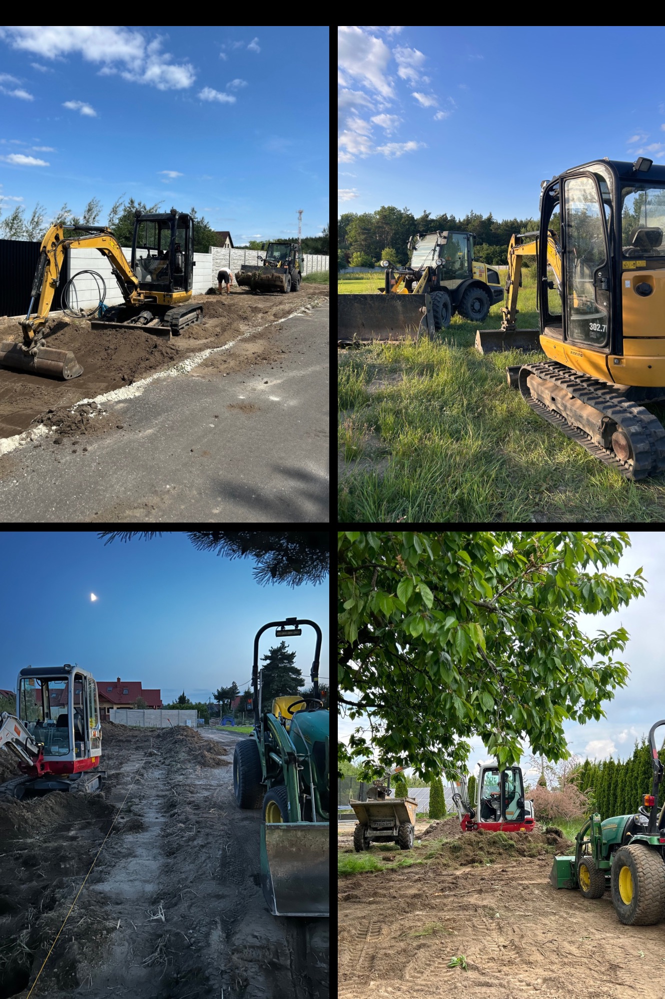 Kompilacja zdjęć z placu budowy: żółte koparki w akcji, prace ziemne na różnych etapach, krajobraz z maszynami budowlanymi w dzień i w nocy.