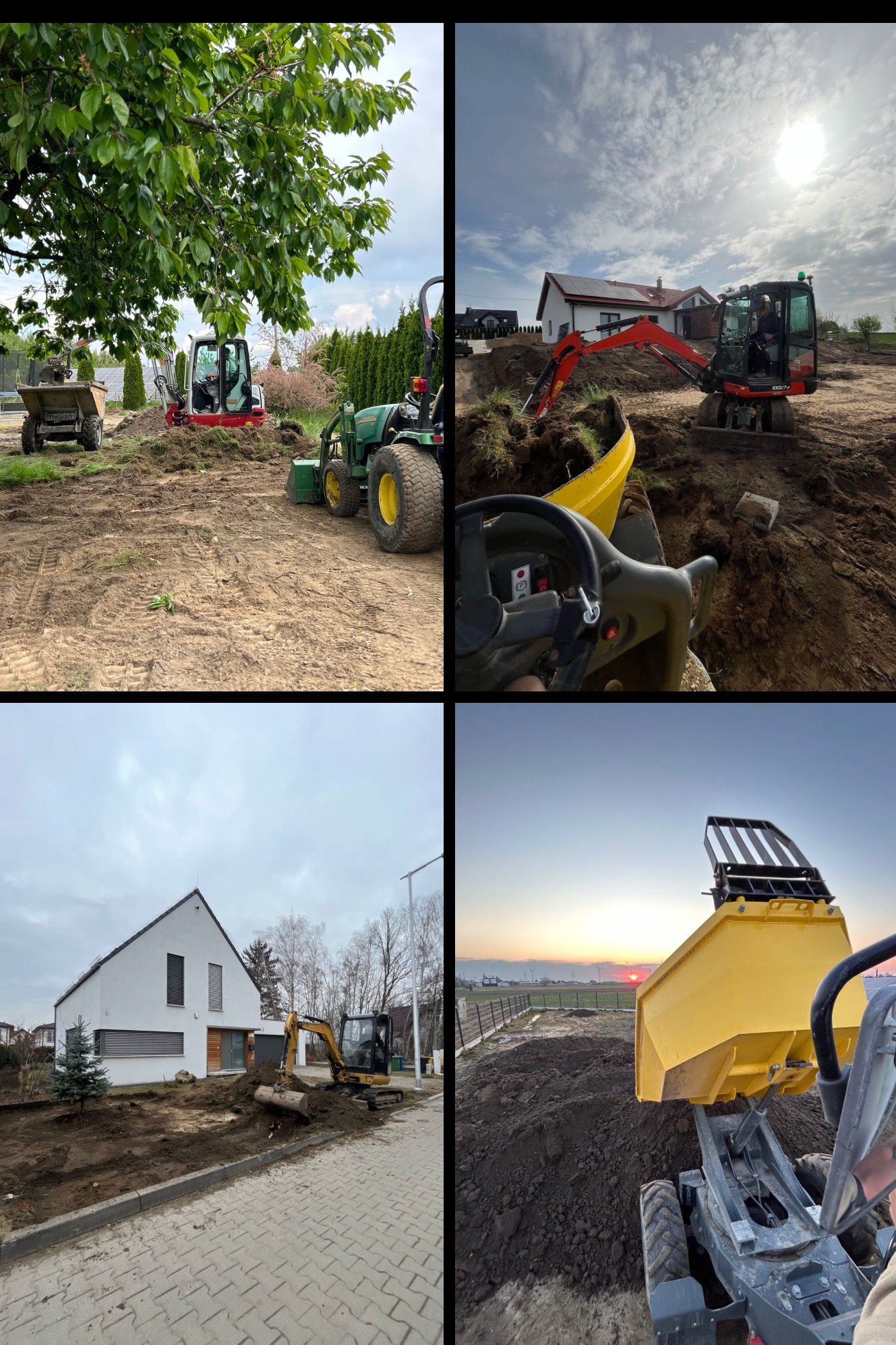 Kompozycja czterech ujęć z prac ziemnych: minikoparki, traktor, wywrotka, niwelacja terenu przy domu, zachód słońca. Różne etapy i sprzęt używany w robotach ziemnych.