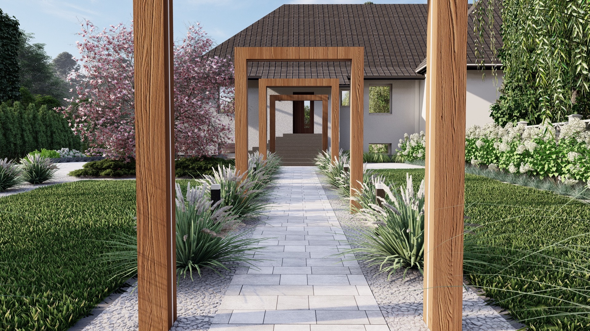 Nowoczesny ogród z kamienną ścieżką, ozdobnymi trawami i drewnianą pergolą prowadzącą do domu. Kwitnące drzewo wiśniowe dodaje koloru.