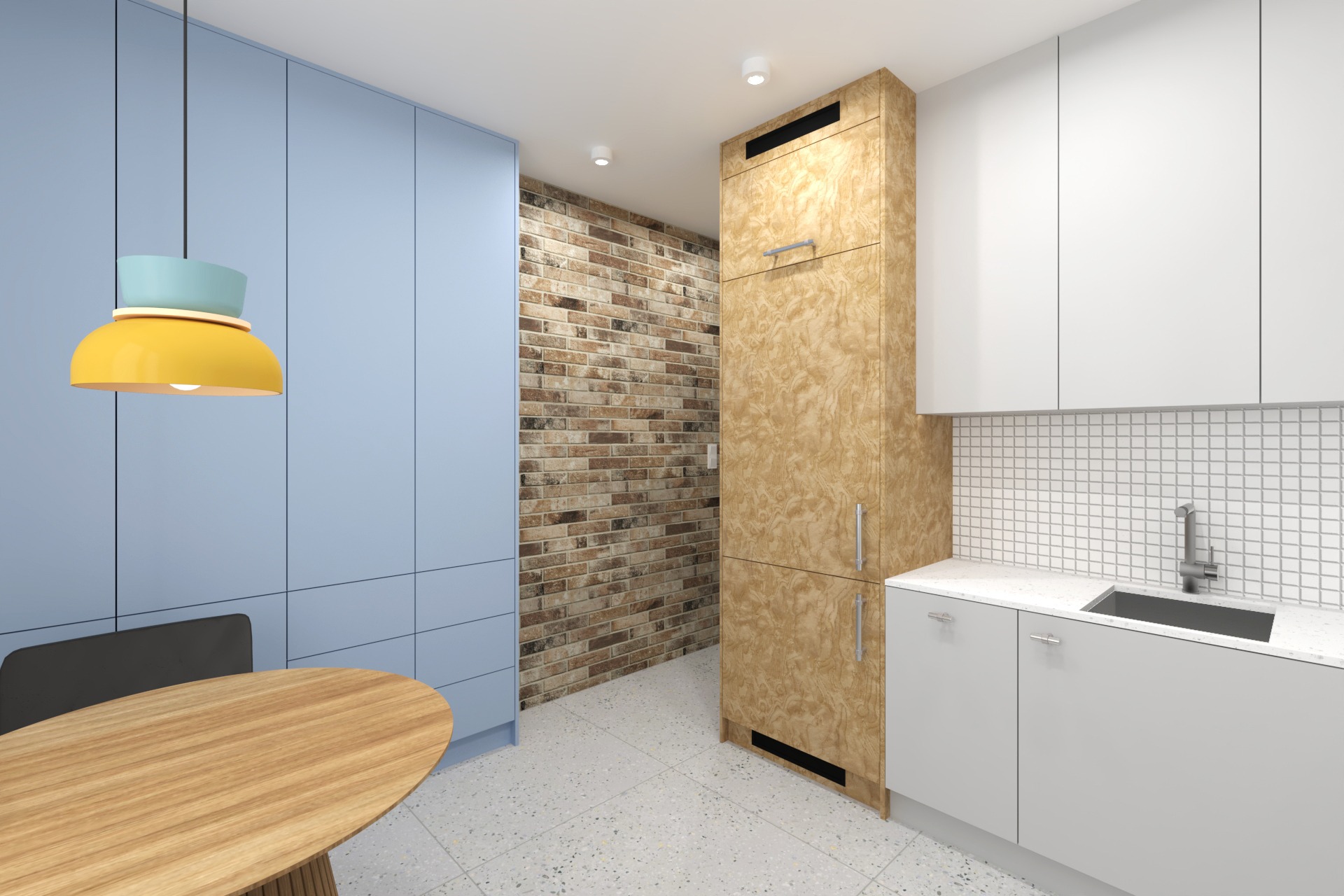 Nowoczesna kuchnia z niebieskimi szafkami, drewnianym stołem i lampą w pastelowych kolorach, uzupełniona ścianą z cegły i białymi szafkami z mozaiką.